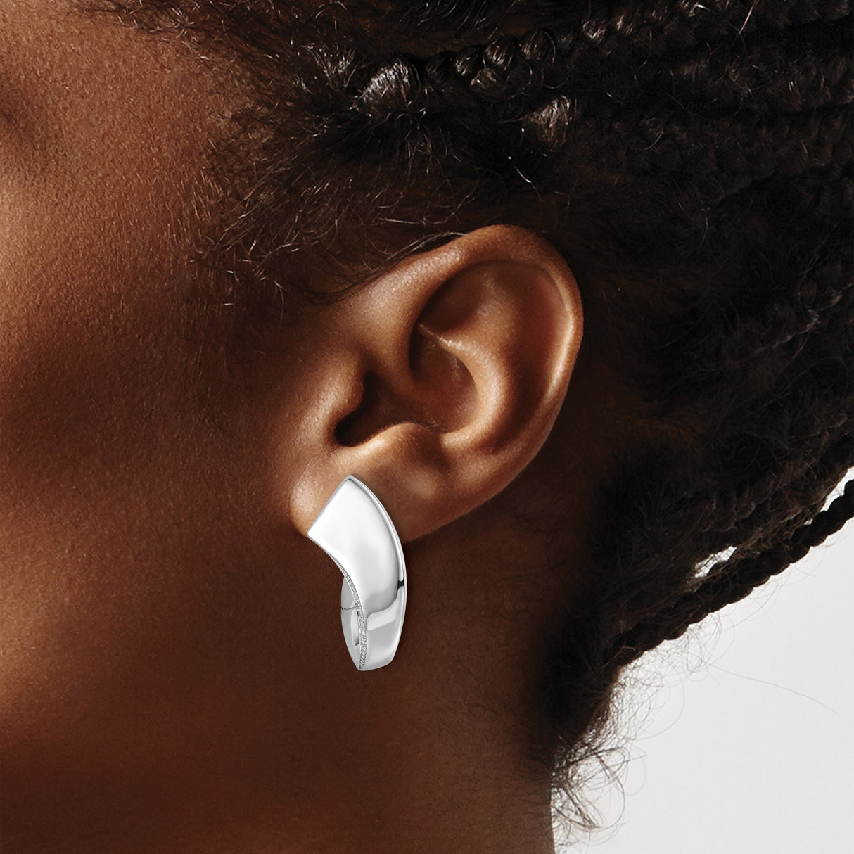 Sterling Silver Hoop Earrings with Cubic Zirconia, Curved Square Geometric Minimalist Design