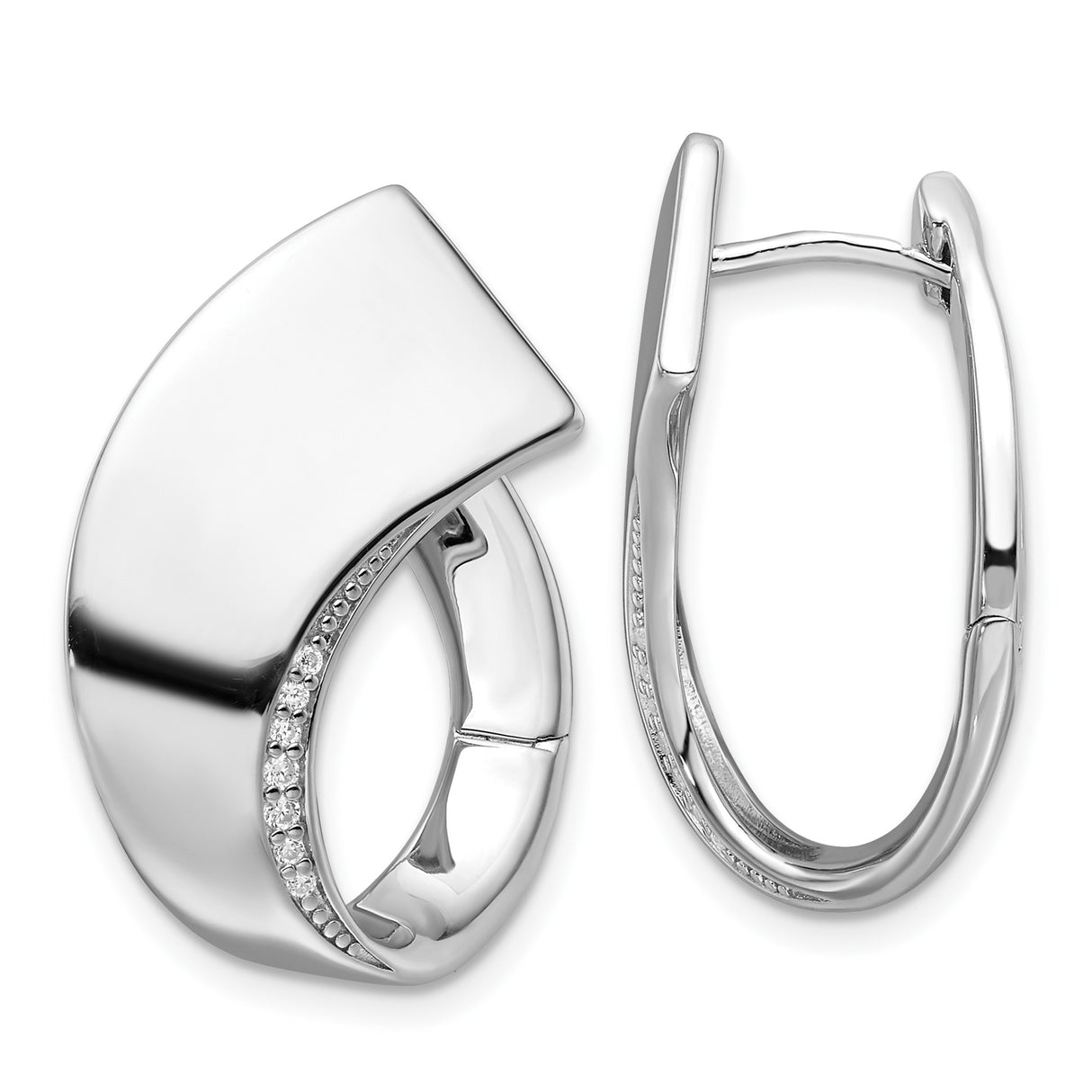 Sterling Silver Hoop Earrings with Cubic Zirconia, Curved Square Geometric Minimalist Design
