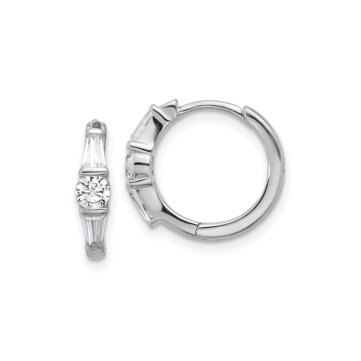 Sterling Silver Hoop Earrings with Round and Tapered Baguette Cubic Zirconia, Modern Design