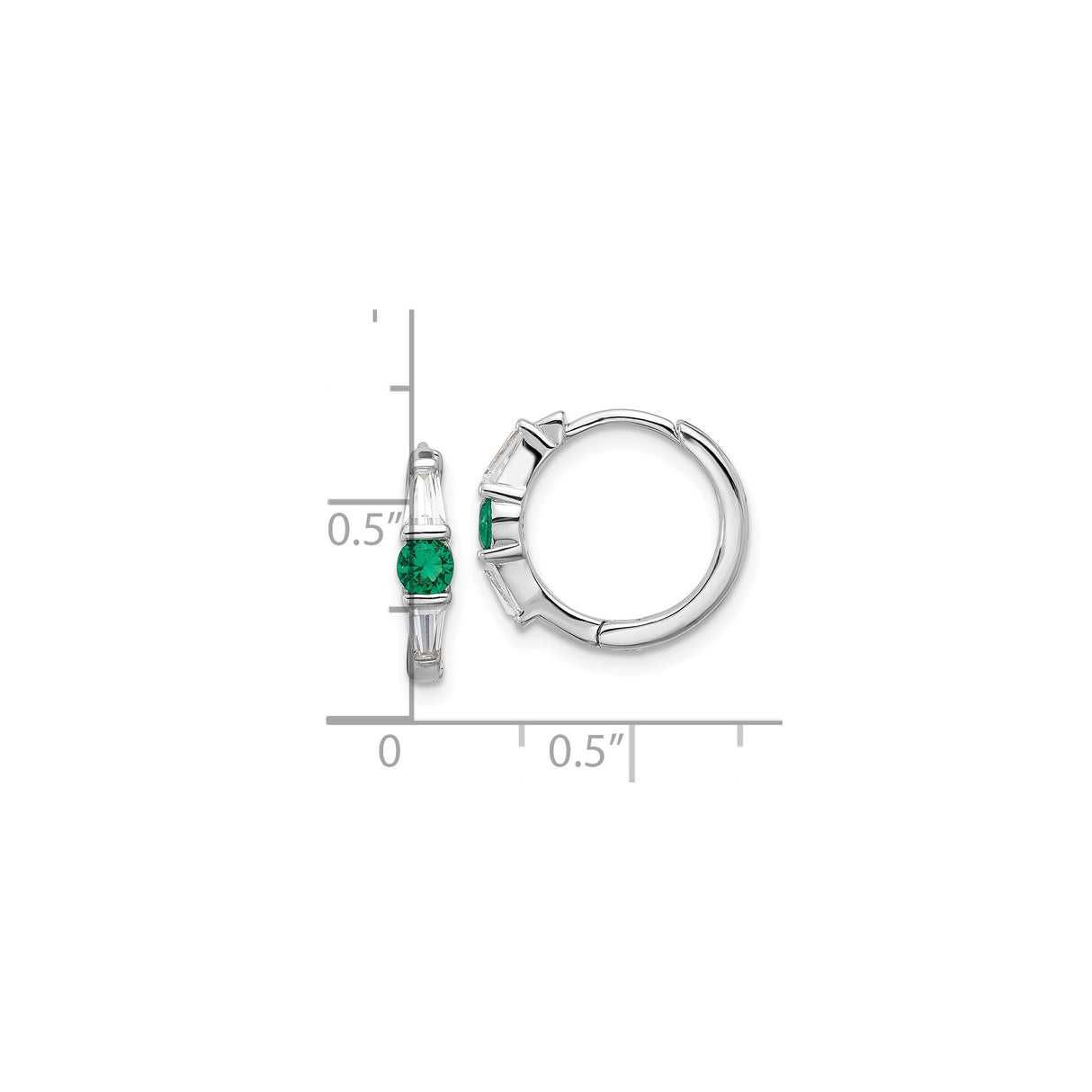 Sterling Silver Hoop Earrings with Round Green Cubic Zirconia and Baguette Accents