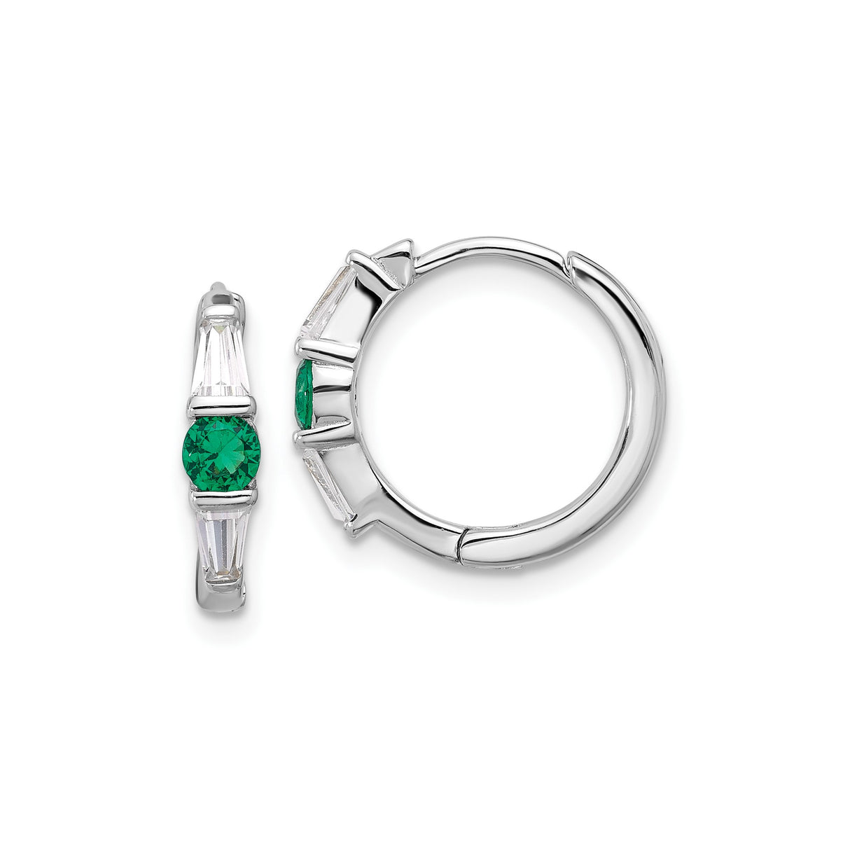 Sterling Silver Hoop Earrings with Round Green Cubic Zirconia and Baguette Accents