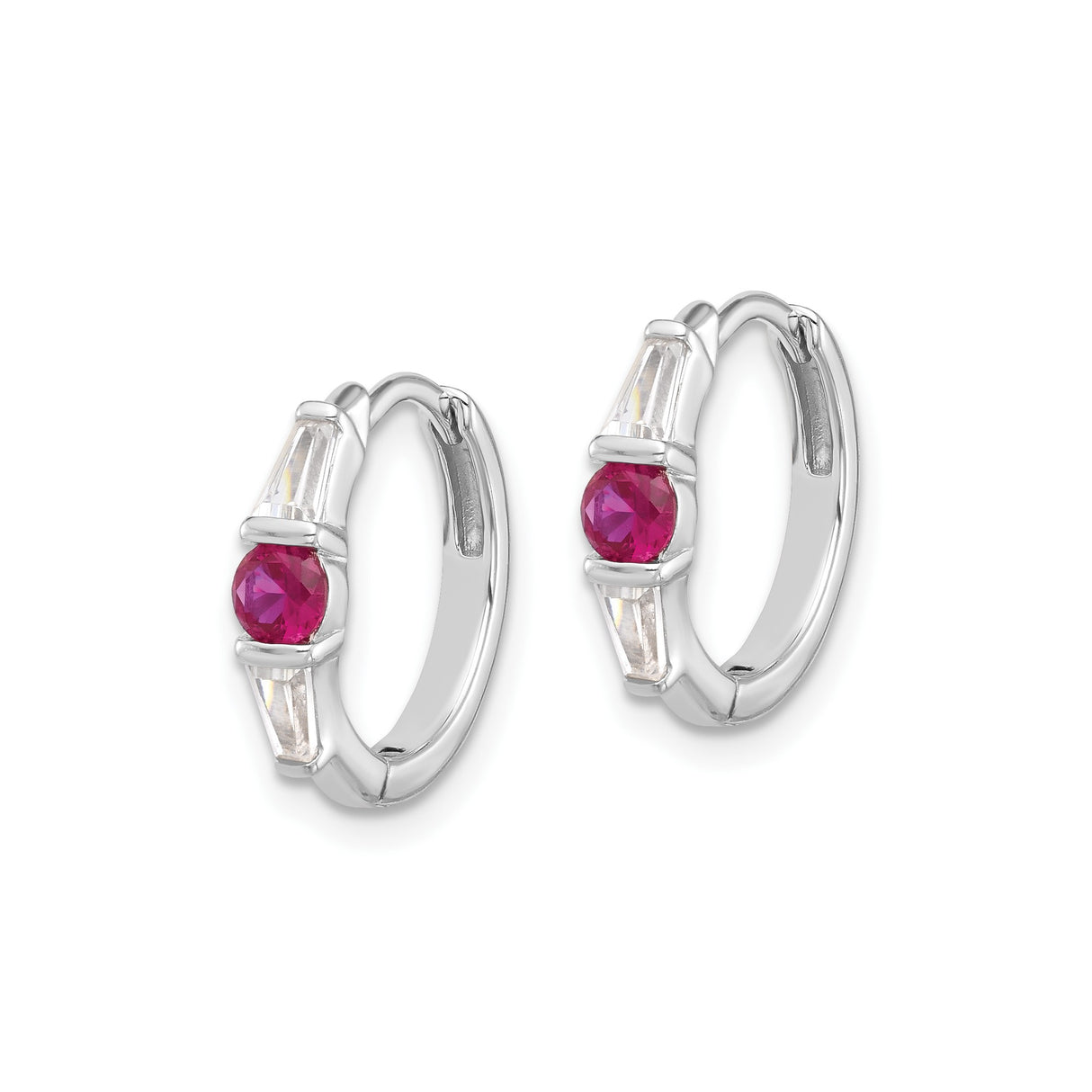 Sterling Silver Hoop Earrings with Red Cubic Zirconia and Tapered Baguette Accents