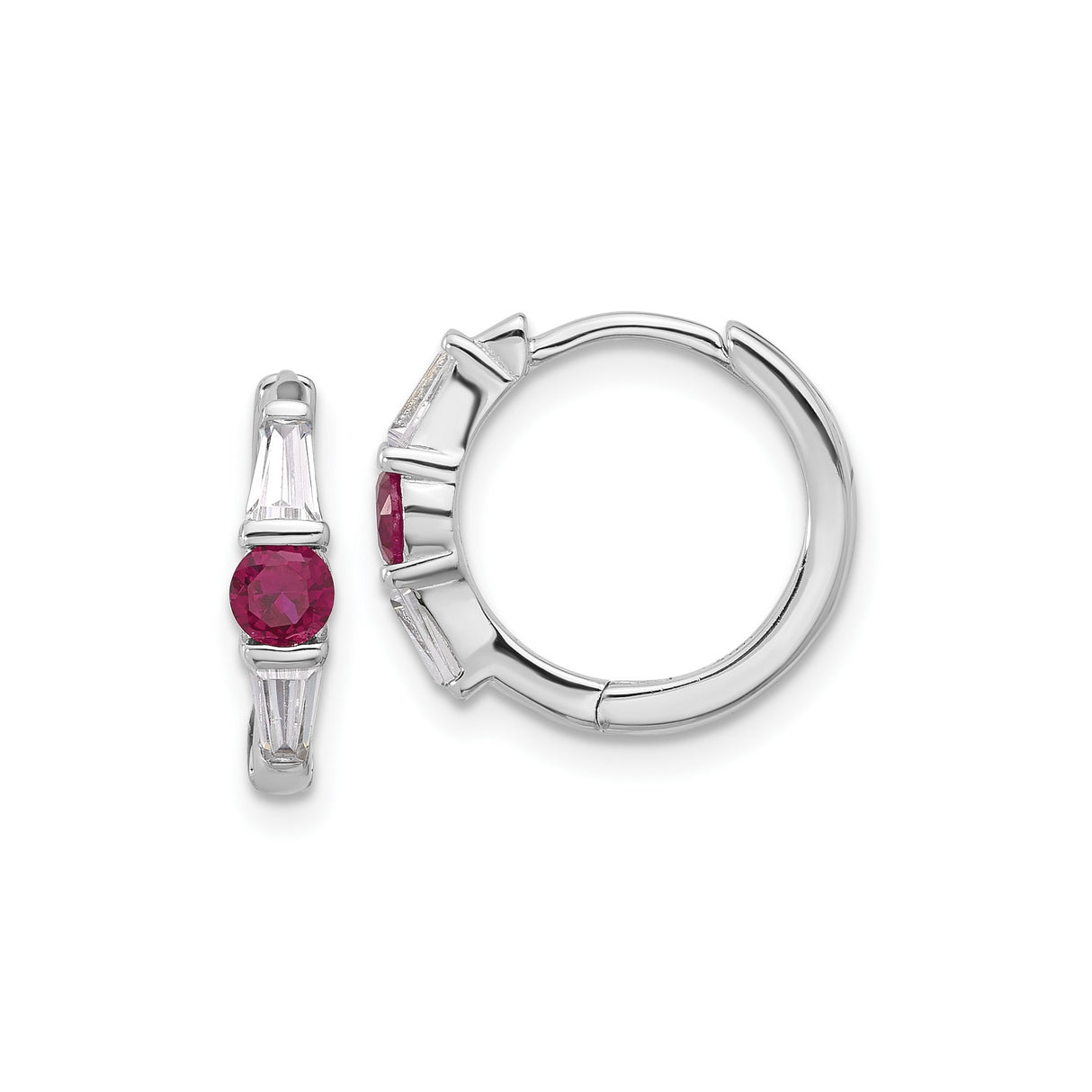 Sterling Silver Hoop Earrings with Red Cubic Zirconia and Tapered Baguette Accents