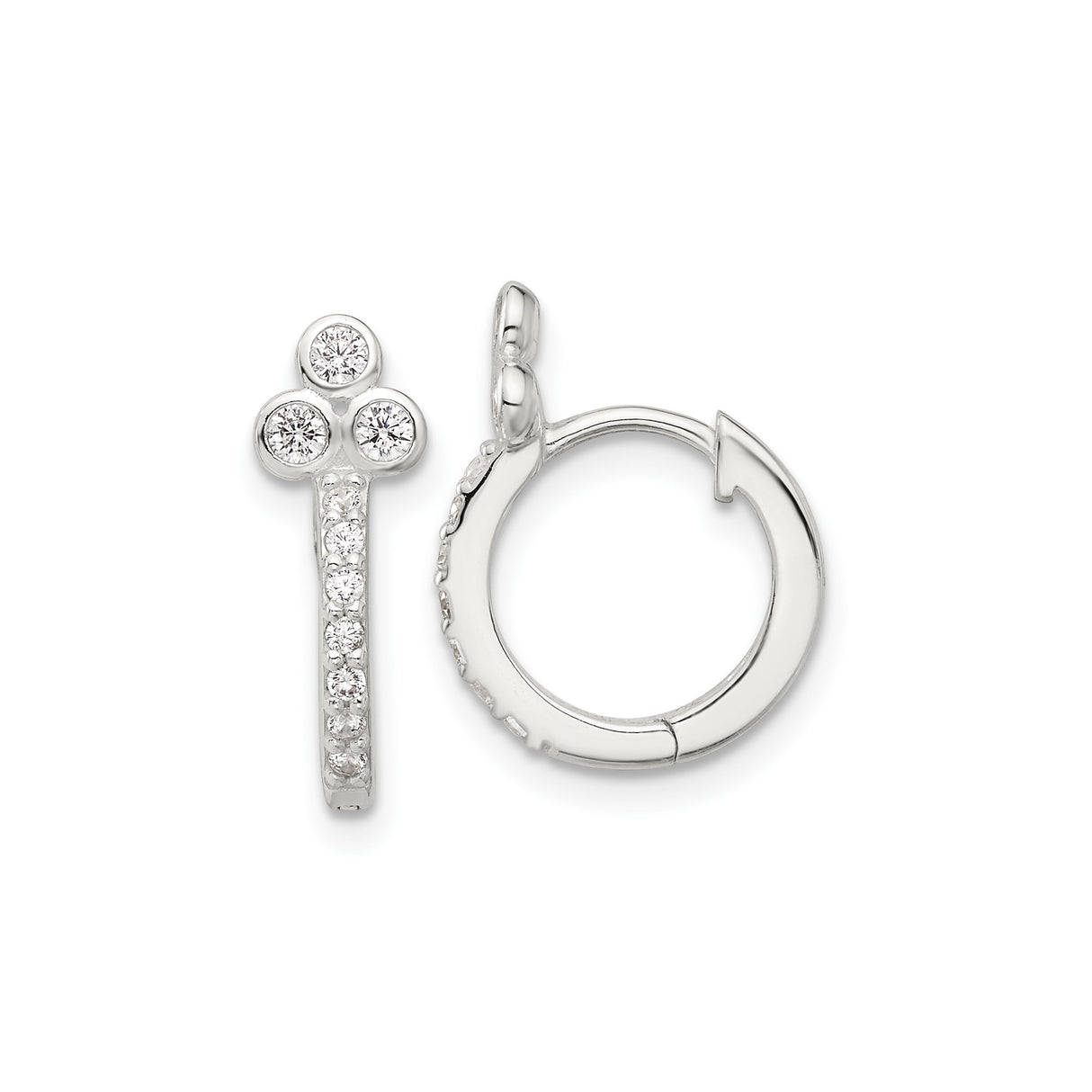 Sterling Silver Hoop Earrings with Cubic Zirconia, Triple Cluster Trinity Cross Design