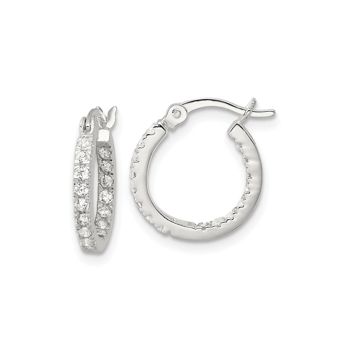 Sterling Silver Hoop Earrings with Cubic Zirconia, Hinged Design, Polished Finish