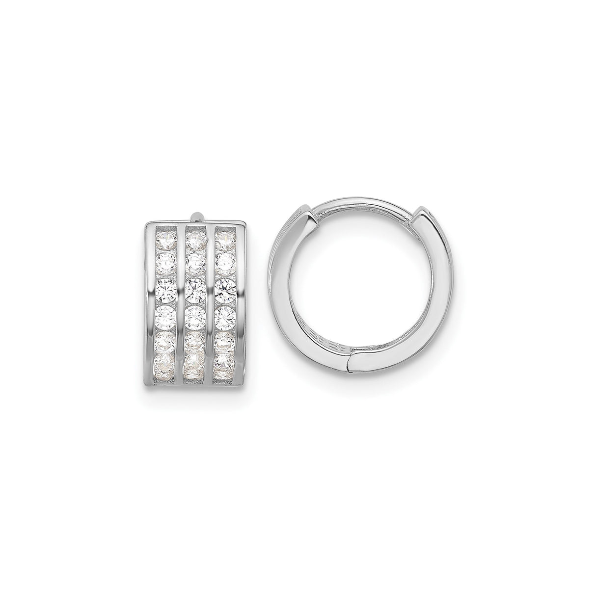 Sterling Silver Huggie Hoop Earrings with Triple Row Cubic Zirconia, Polished Modern Design