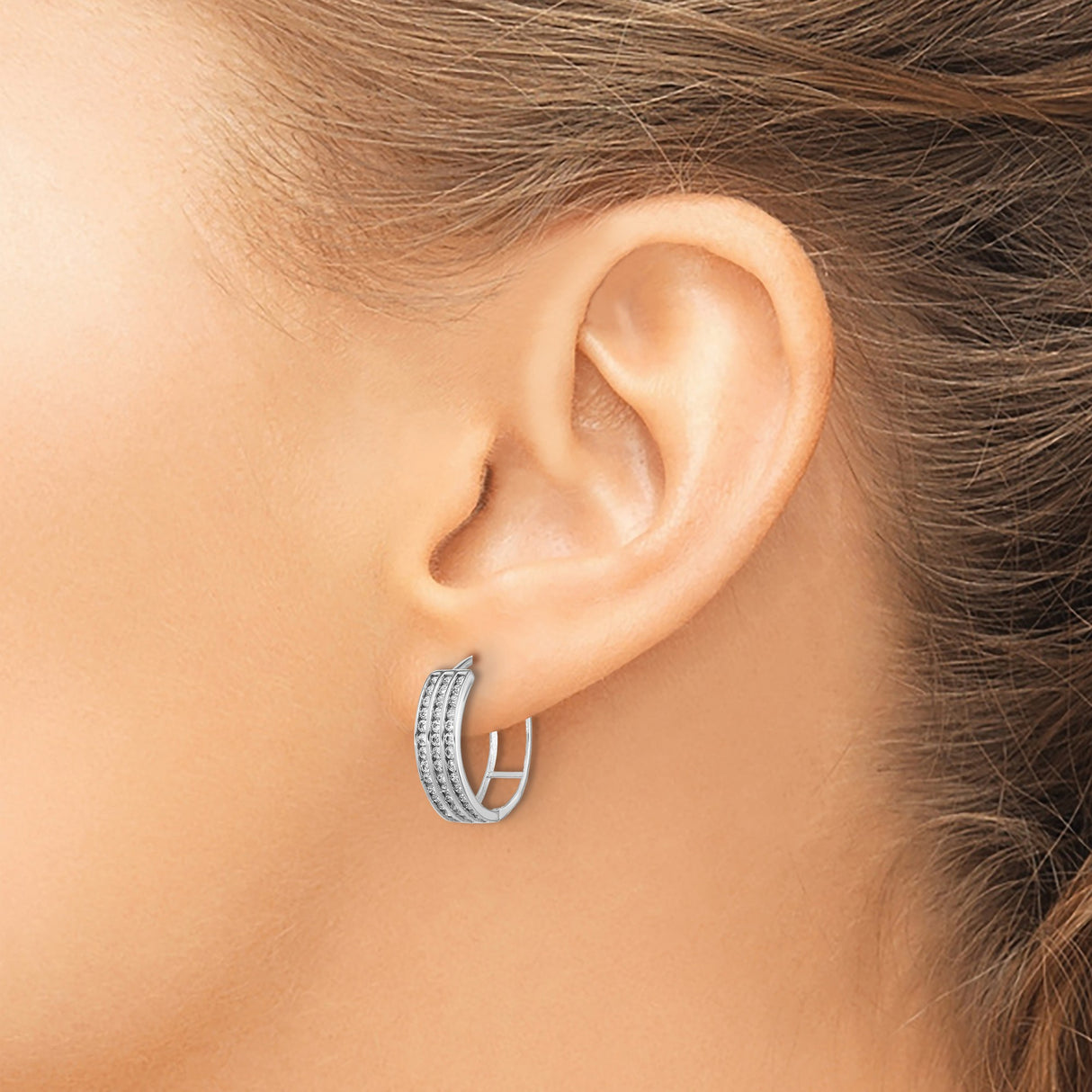 Sterling Silver Hoop Earrings with Three Row Round Cut Cubic Zirconia, Hinged Closure