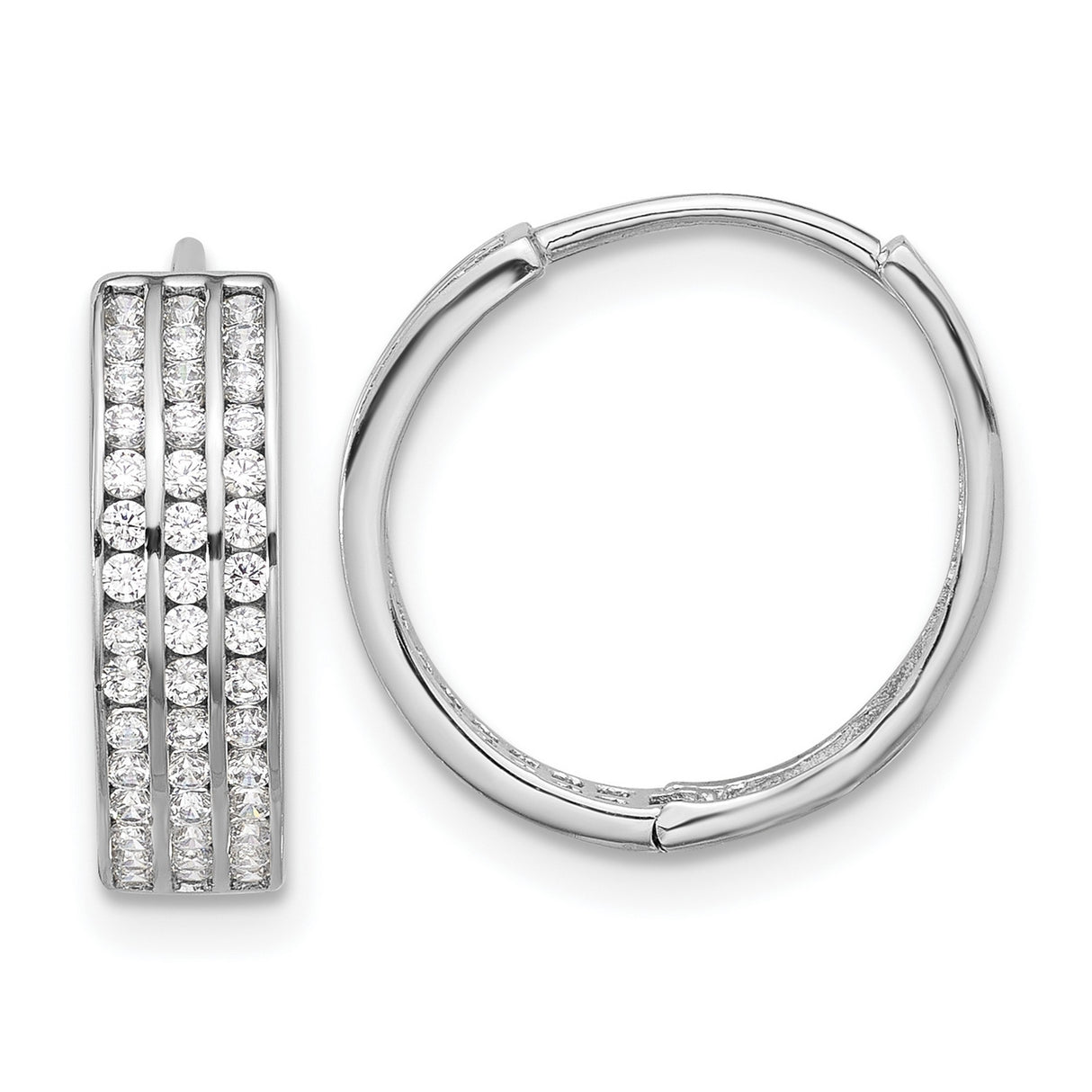 Sterling Silver Hoop Earrings with Three Row Round Cut Cubic Zirconia, Hinged Closure