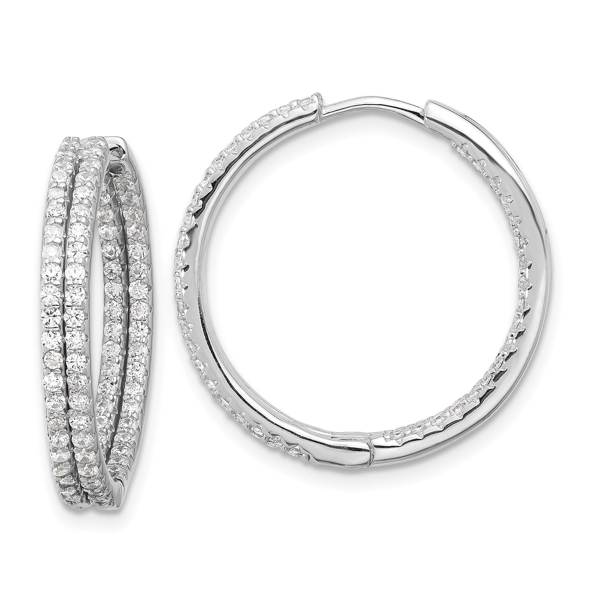 Sterling Silver Hoop Earrings with Triple Row Cubic Zirconia, Layered Round Design