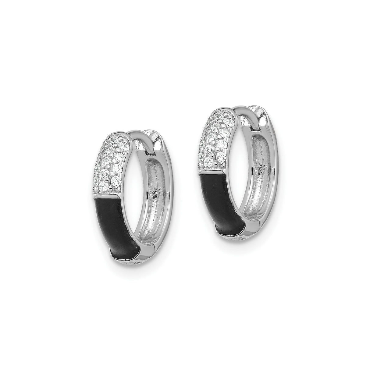 Sterling Silver Hoop Earrings with Black Enamel and Pavé Cubic Zirconia, Modern Huggie Style