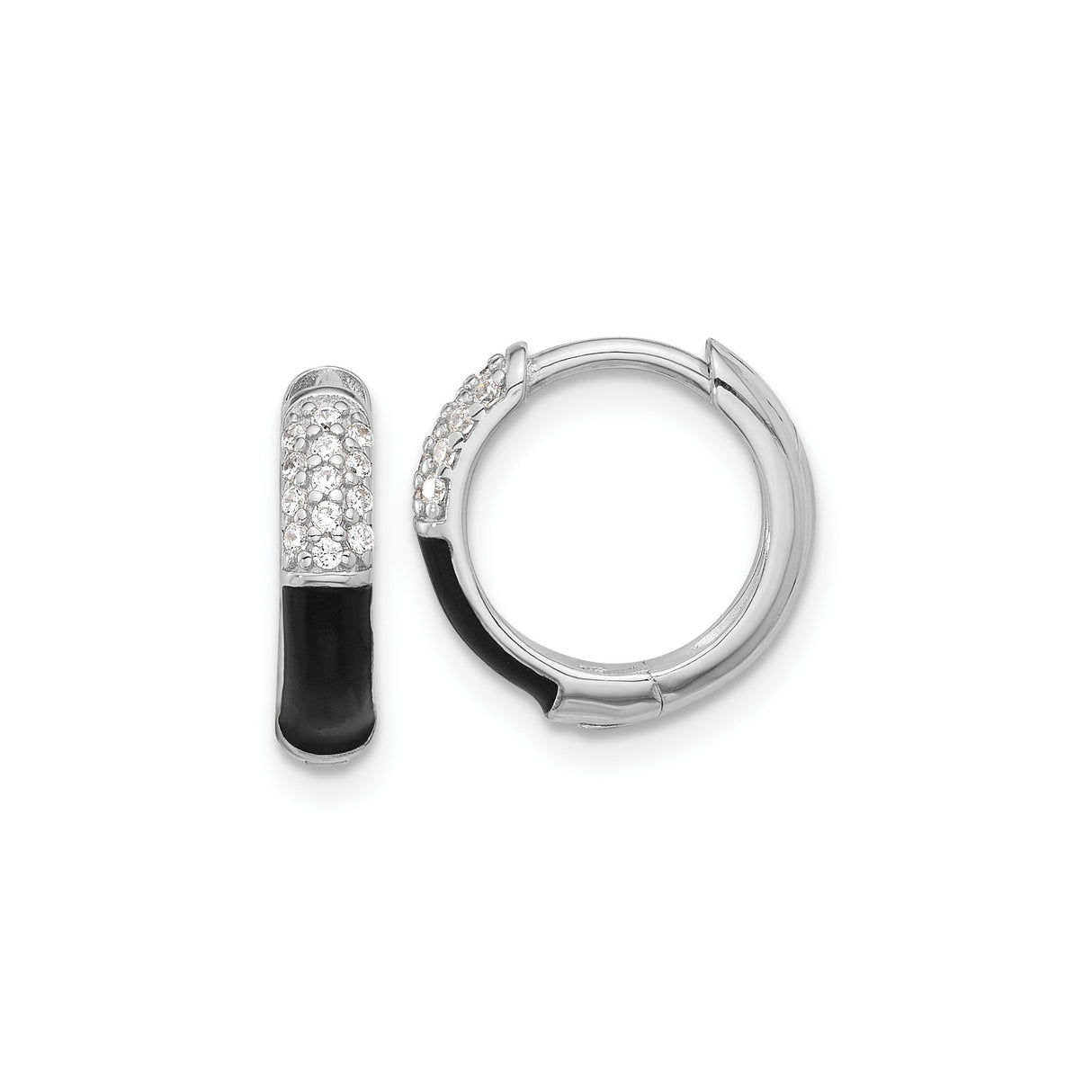 Sterling Silver Hoop Earrings with Black Enamel and Pavé Cubic Zirconia, Modern Huggie Style