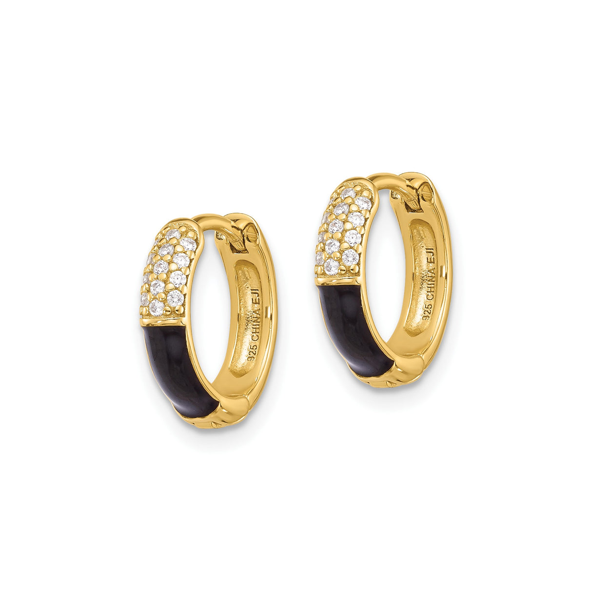 Sterling Silver Hoop Earrings with Cubic Zirconia, Gold-Plated and Black Enamel Detail