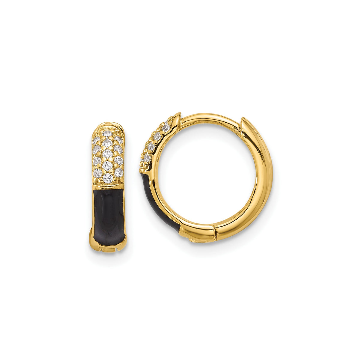 Sterling Silver Hoop Earrings with Cubic Zirconia, Gold-Plated and Black Enamel Detail