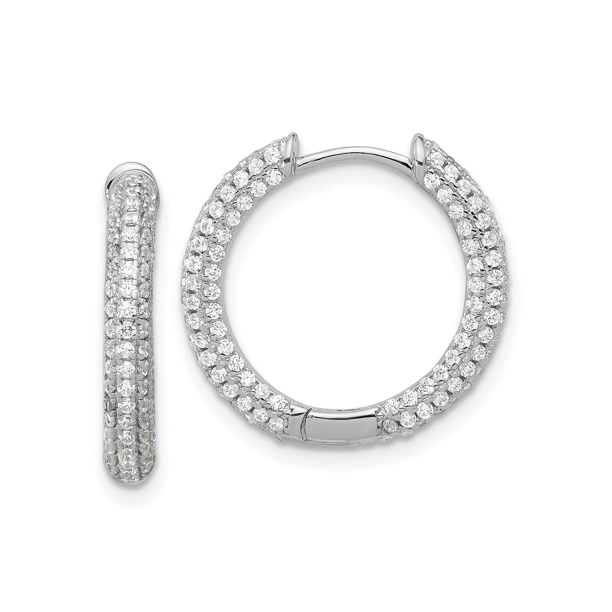 Sterling Silver Hoop Earrings with Triple Row Cubic Zirconia Pavé Setting