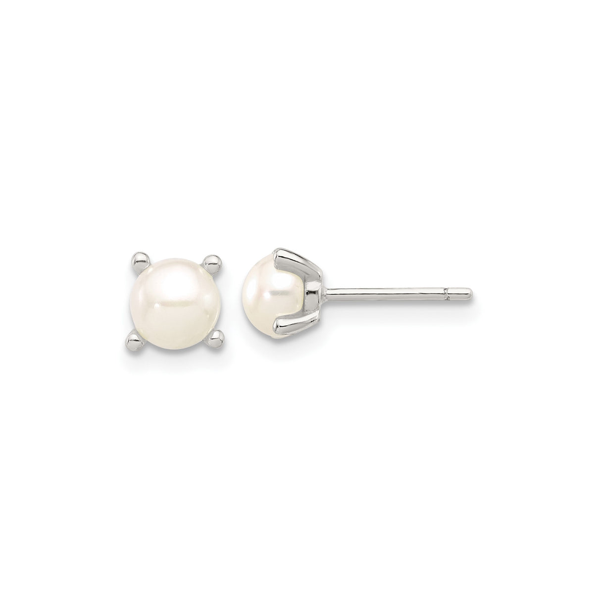 Sterling Silver Stud Earrings with White Round Cultured Pearl in Classic 4-Prong Setting
