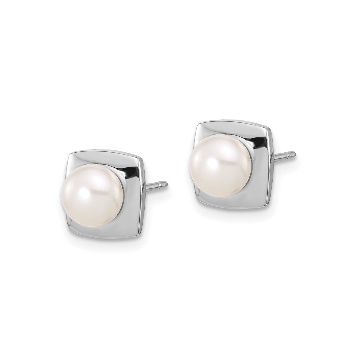 Sterling Silver Pearl Stud Earrings with White Freshwater Pearls, Square Bezel Setting