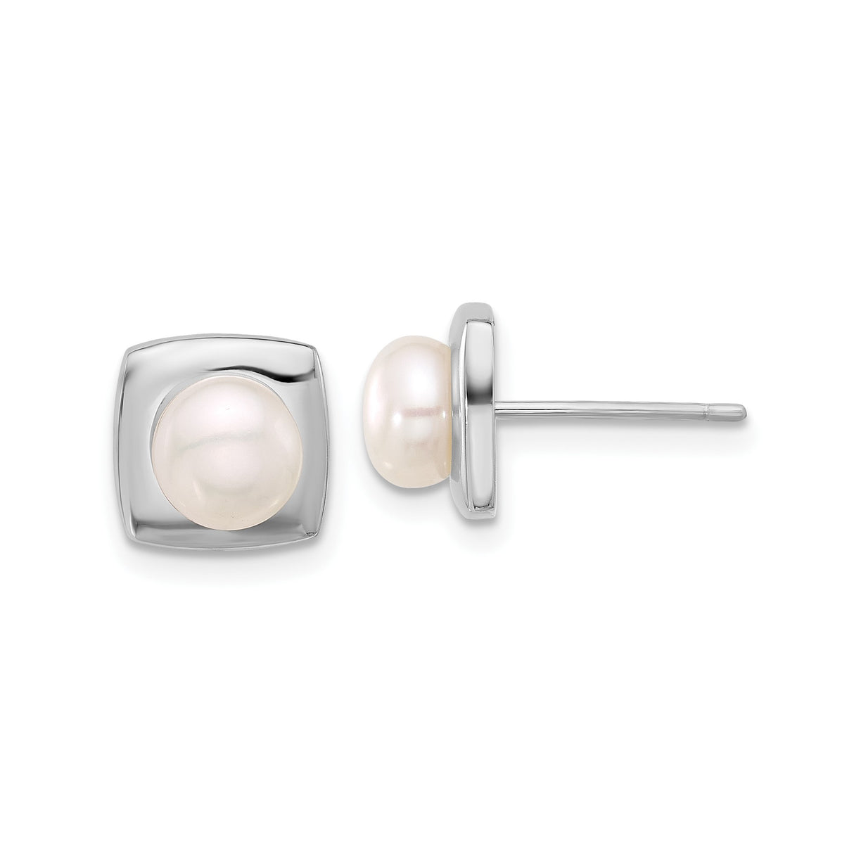 Sterling Silver Pearl Stud Earrings with White Freshwater Pearls, Square Bezel Setting