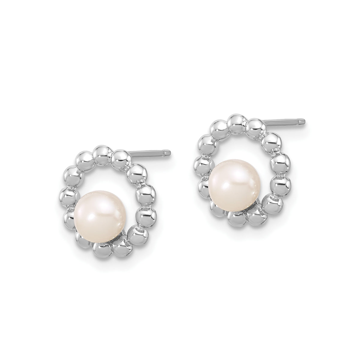Sterling Silver Stud Earrings with White Pearl in Beaded Open Circle Design