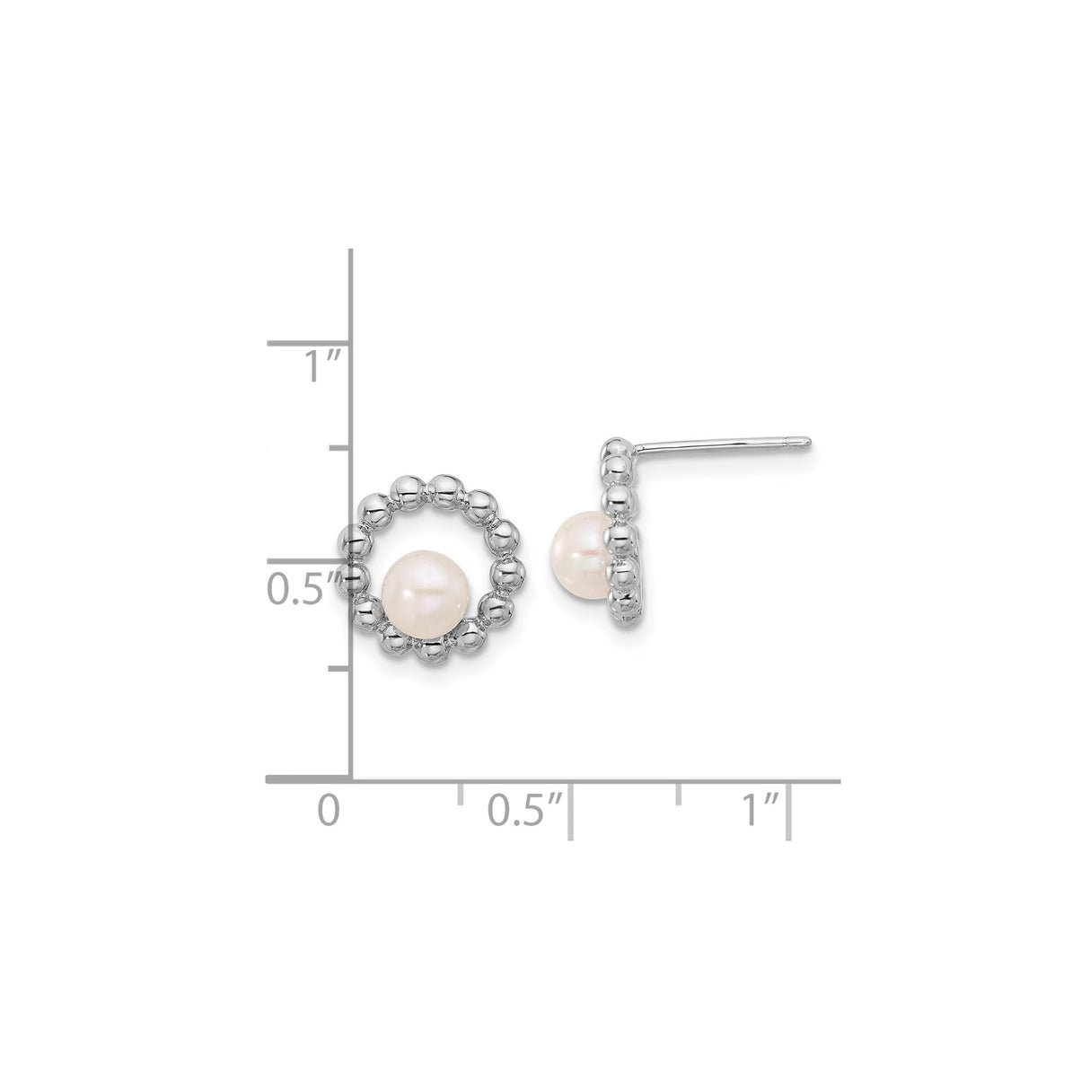 Sterling Silver Stud Earrings with White Pearl in Beaded Open Circle Design