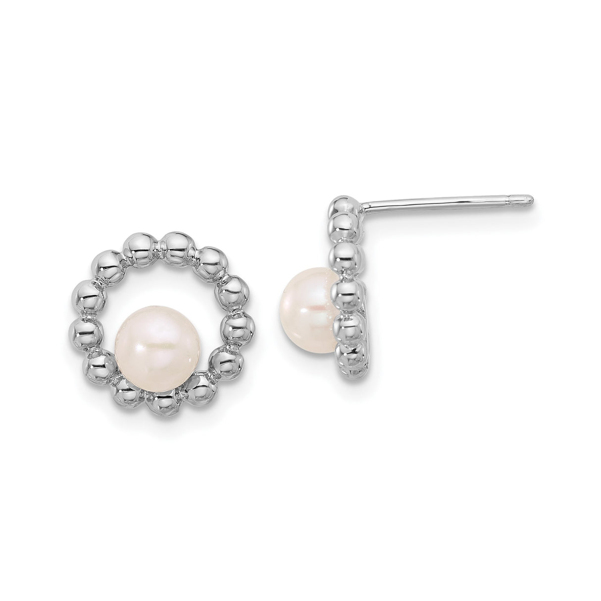 Sterling Silver Stud Earrings with White Pearl in Beaded Open Circle Design