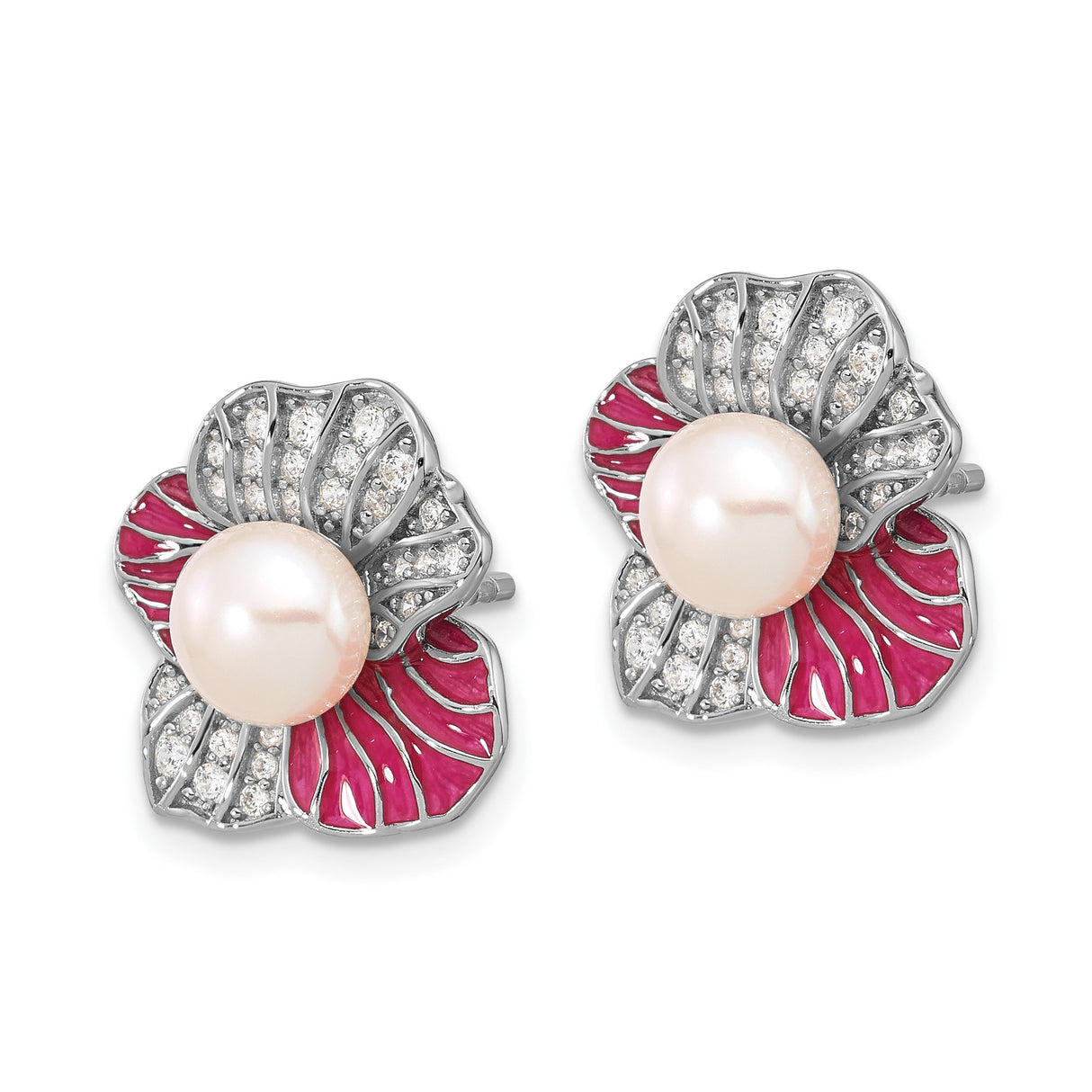 Sterling Silver Flower Stud Earrings with Freshwater Pearl and Cubic Zirconia Accents