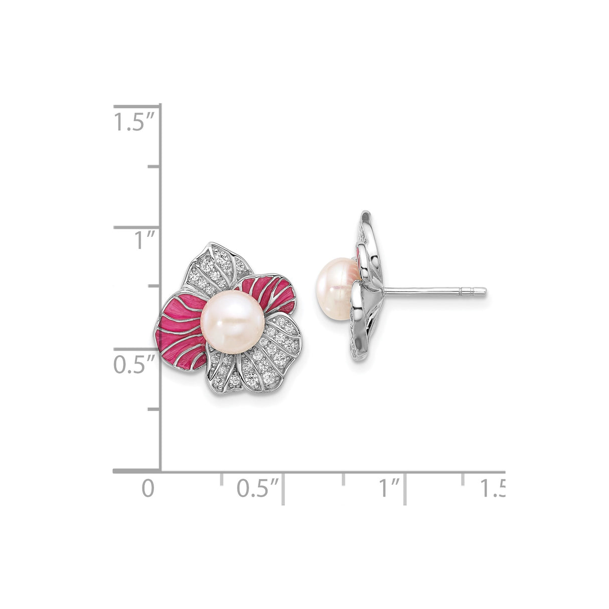 Sterling Silver Flower Stud Earrings with Freshwater Pearl and Cubic Zirconia Accents