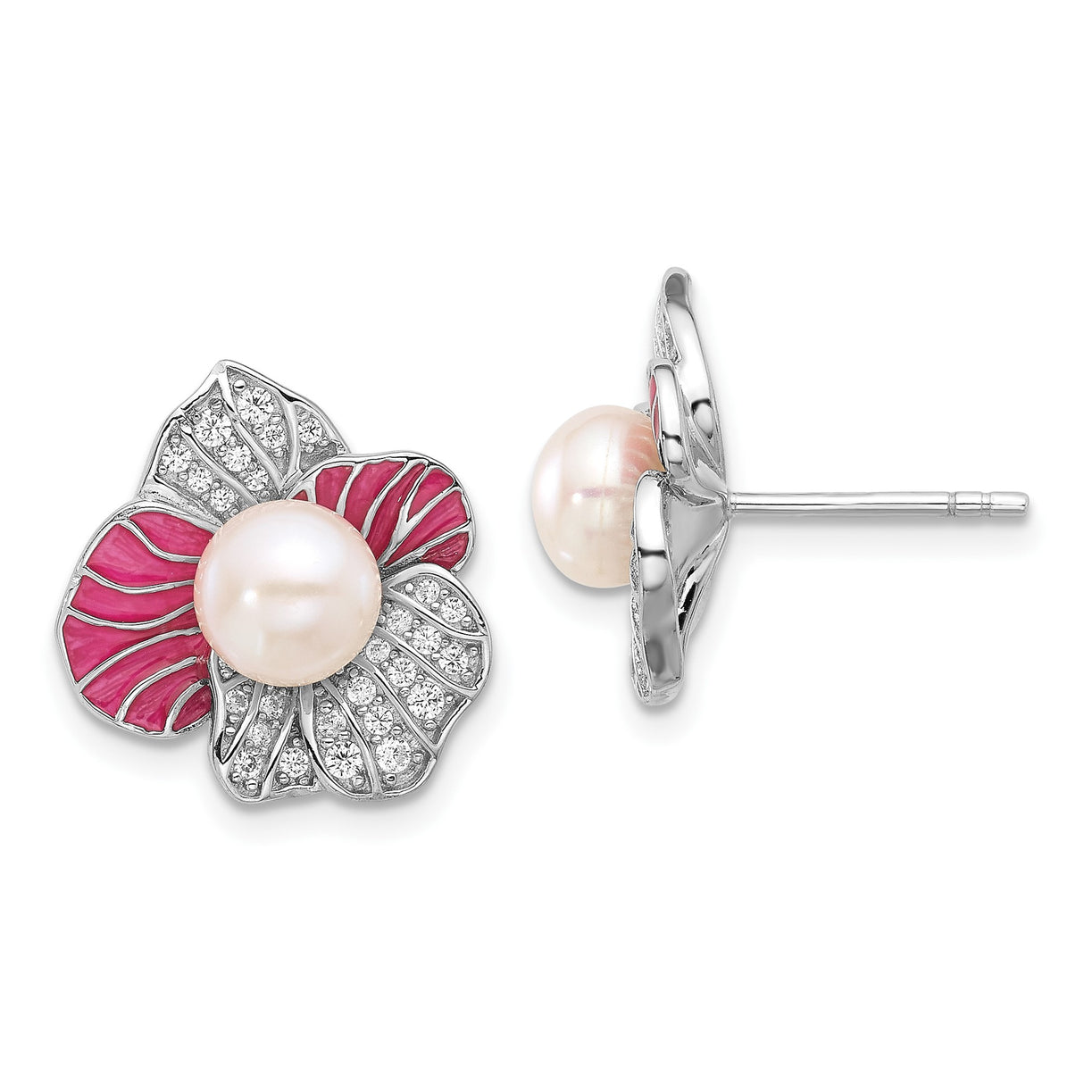 Sterling Silver Flower Stud Earrings with Freshwater Pearl and Cubic Zirconia Accents