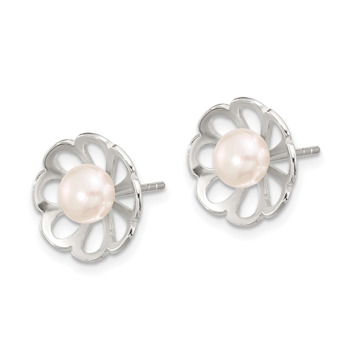 Sterling Silver Flower Stud Earrings with White Freshwater Pearl Center