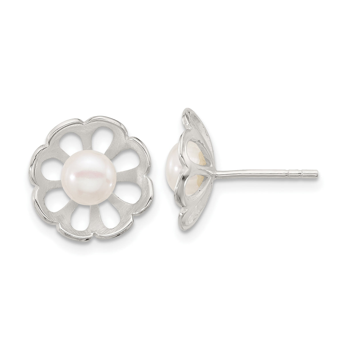 Sterling Silver Flower Stud Earrings with White Freshwater Pearl Center