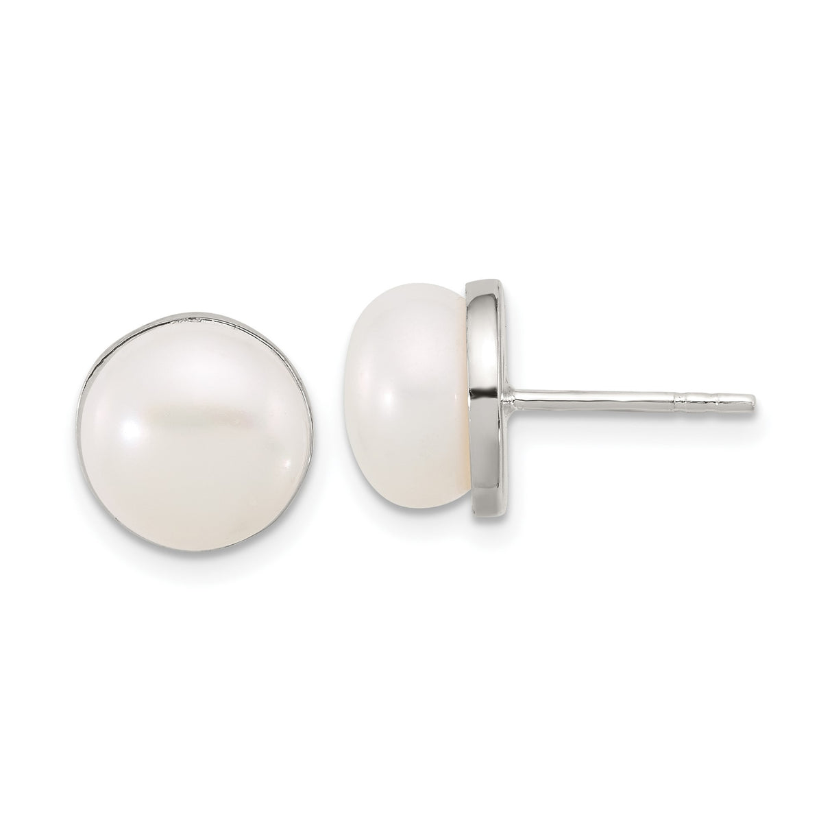 Sterling Silver Pearl Stud Earrings with Round Cultured White Pearls in Bezel Setting