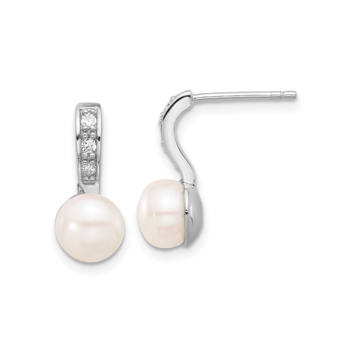 Sterling Silver Drop Earrings with White Freshwater Cultured Pearl and Cubic Zirconia
