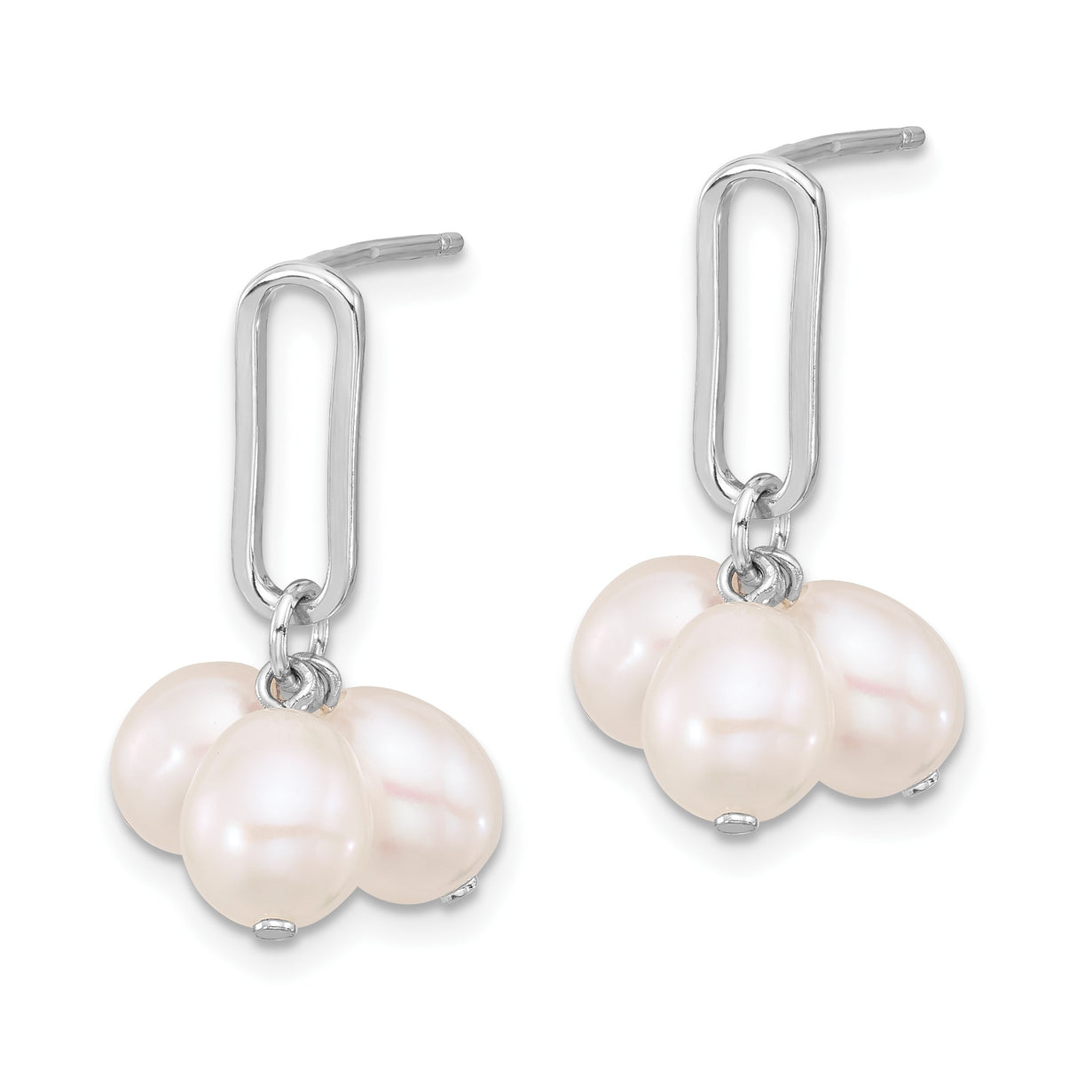 Sterling Silver Dangle Earrings with Double Freshwater Pearls, Modern Oval Link Drop Design