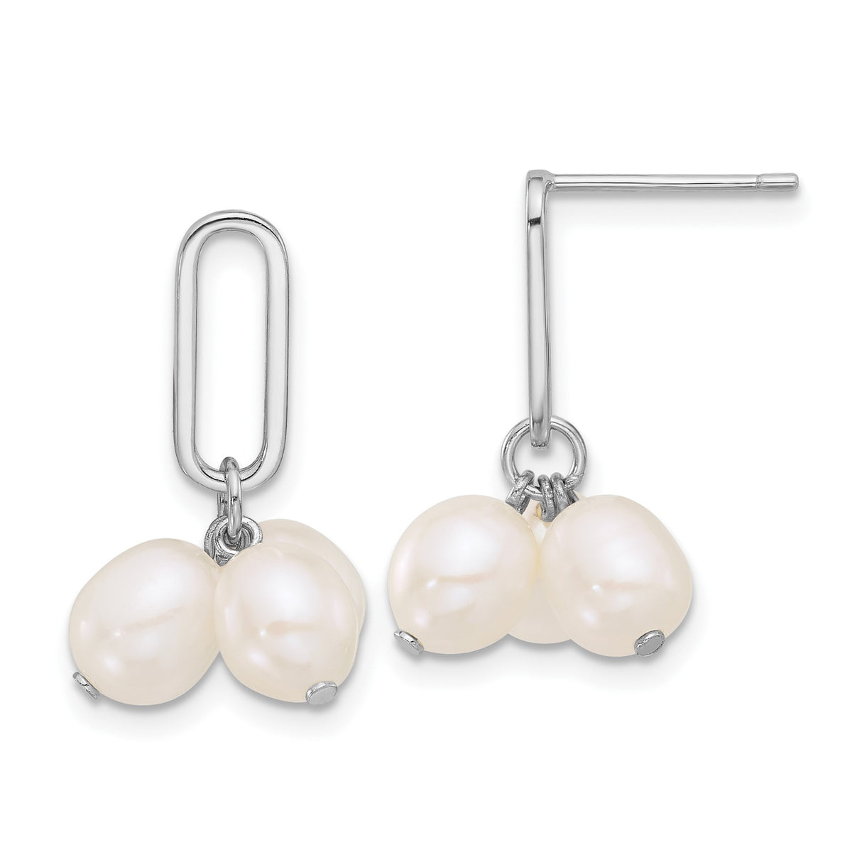 Sterling Silver Dangle Earrings with Double Freshwater Pearls, Modern Oval Link Drop Design