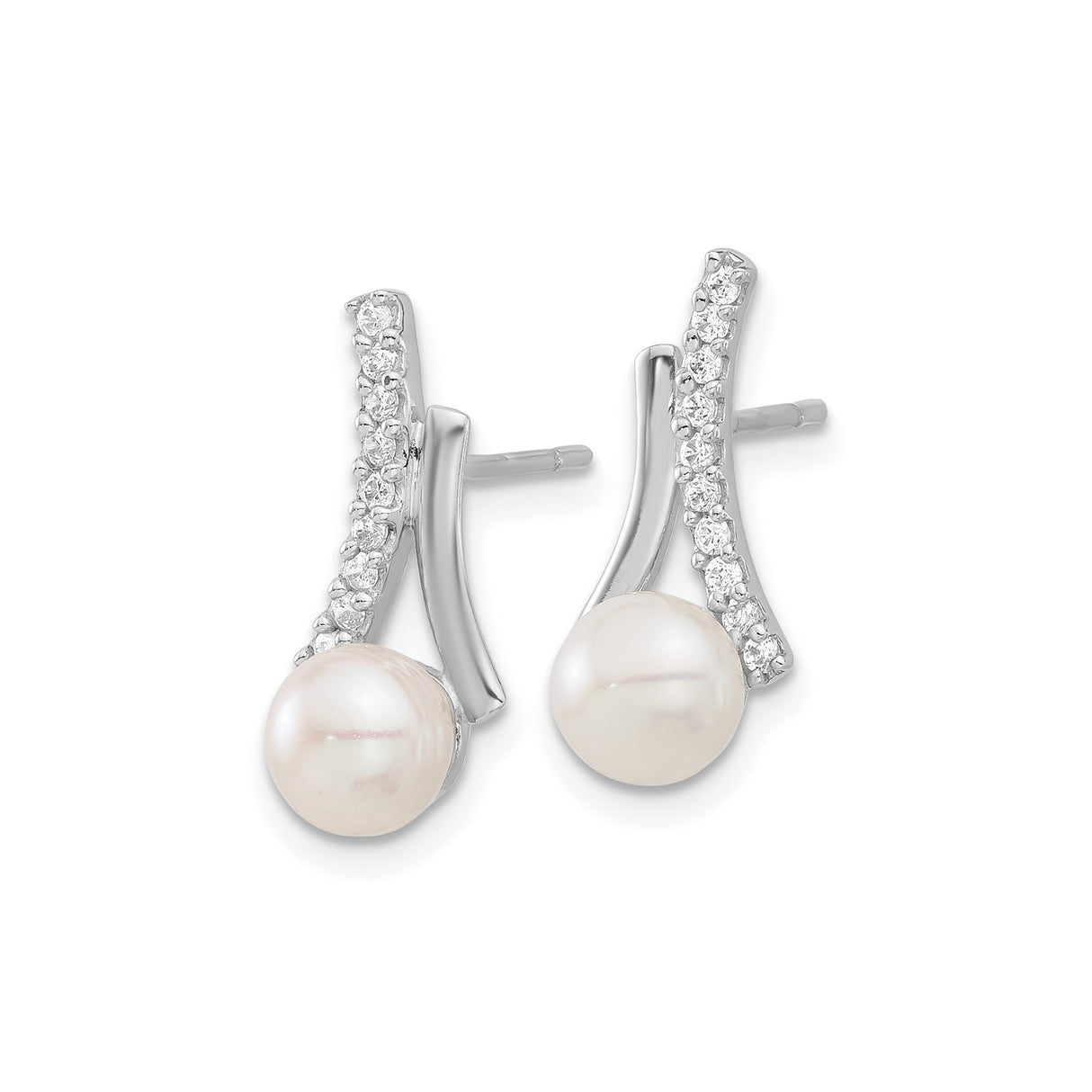 Sterling Silver Stud Earrings with White Freshwater Pearls and Cubic Zirconia Accents