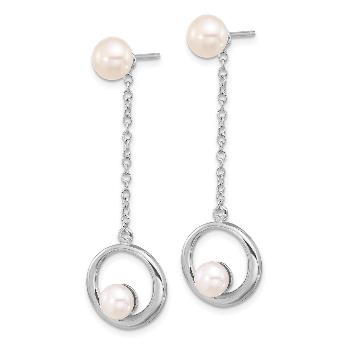 Sterling Silver Dangle Earrings with Freshwater Pearls, Long Chain Drop Circle Design