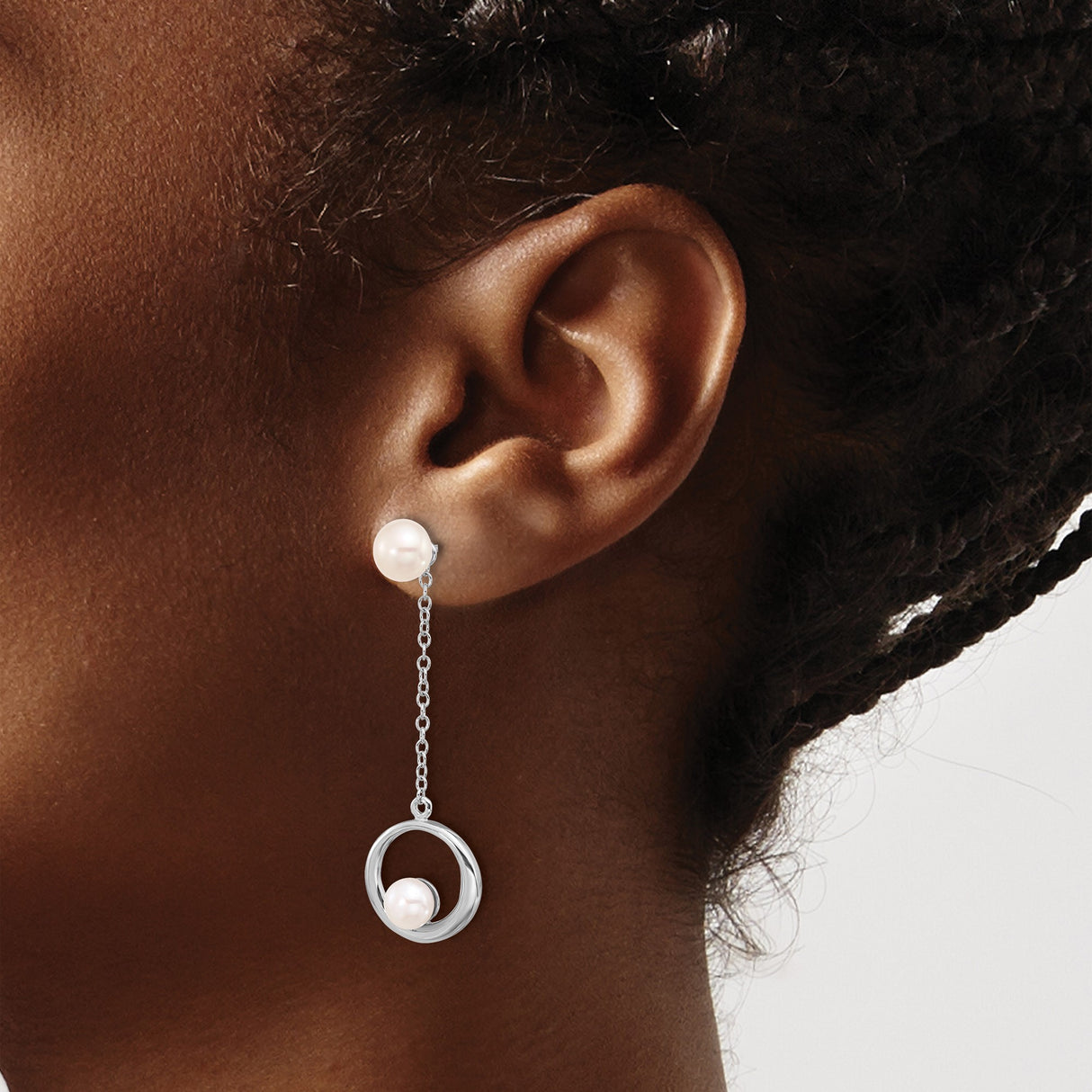 Sterling Silver Dangle Earrings with Freshwater Pearls, Long Chain Drop Circle Design