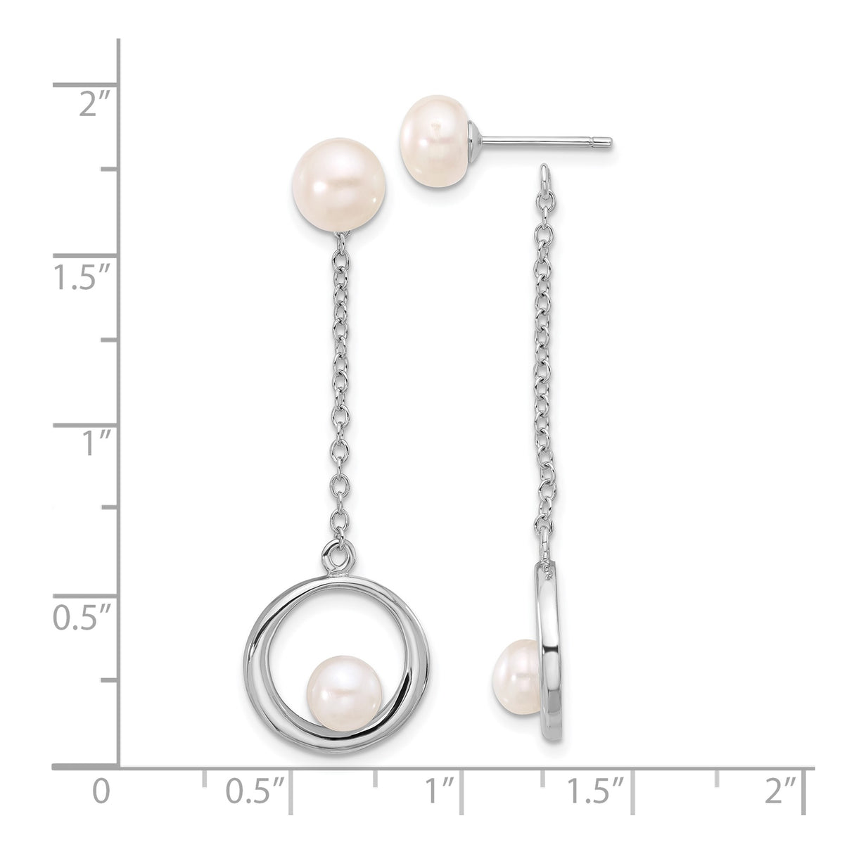 Sterling Silver Dangle Earrings with Freshwater Pearls, Long Chain Drop Circle Design