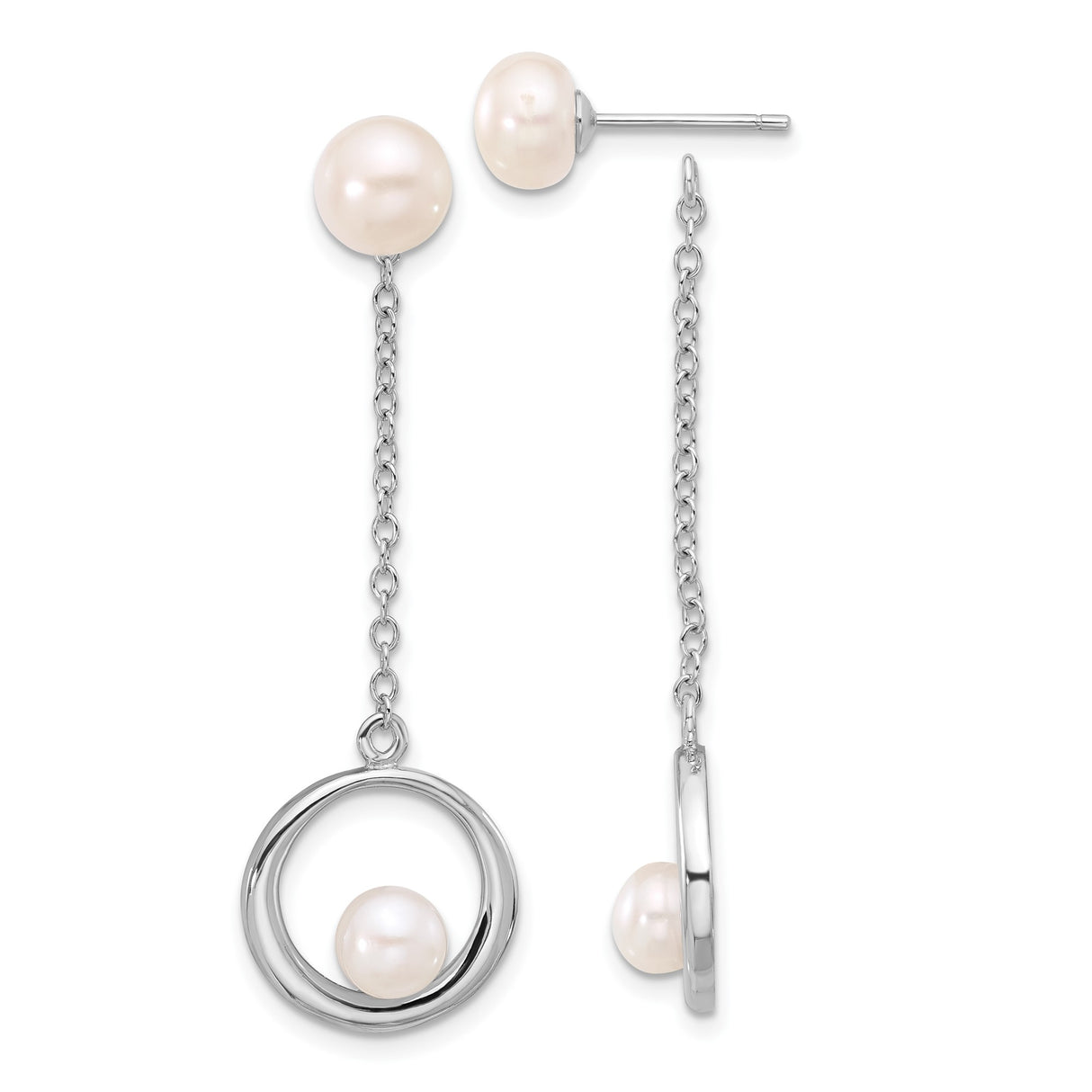 Sterling Silver Dangle Earrings with Freshwater Pearls, Long Chain Drop Circle Design