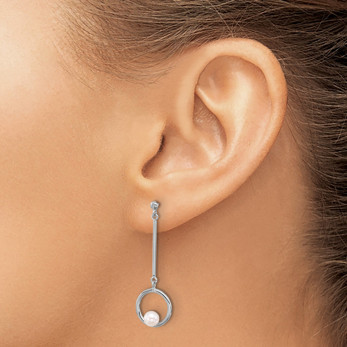 Sterling Silver Drop Earrings with Freshwater Pearl, Open Circle Minimalist Design