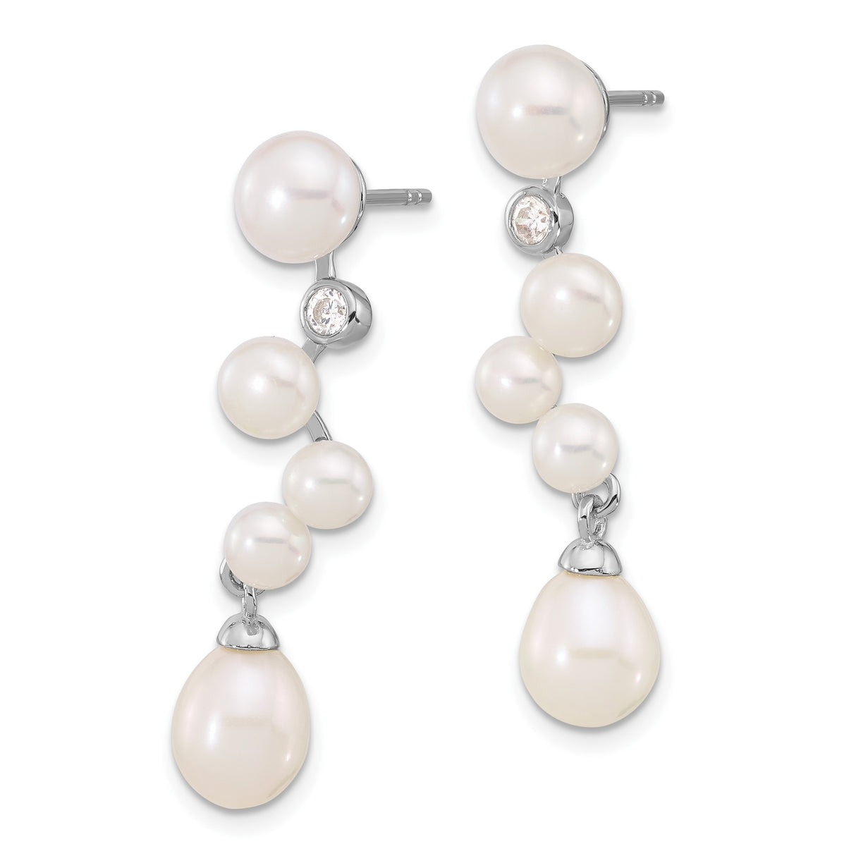Sterling Silver Dangle Earrings with Freshwater Pearls and Diamond Accent, Bridal Drop Style