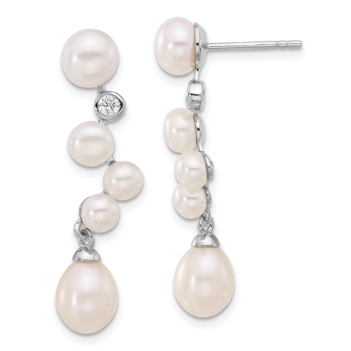 Sterling Silver Dangle Earrings with Freshwater Pearls and Diamond Accent, Bridal Drop Style
