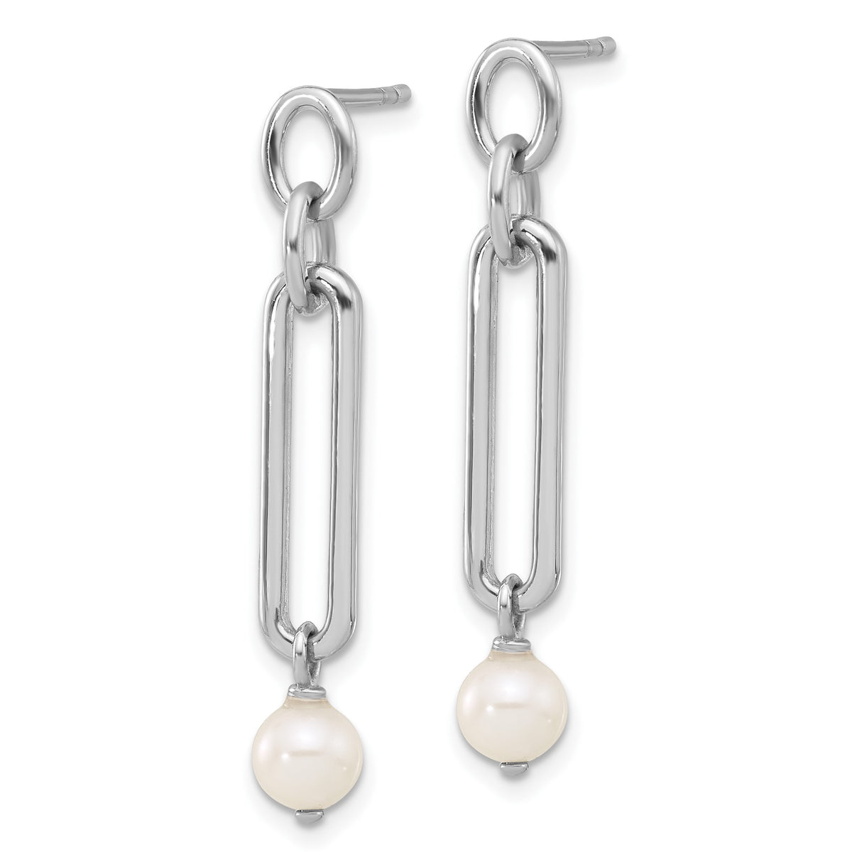 Sterling Silver Dangle Earrings with Freshwater Pearls, Elongated Link Chain, Modern Geometric Design
