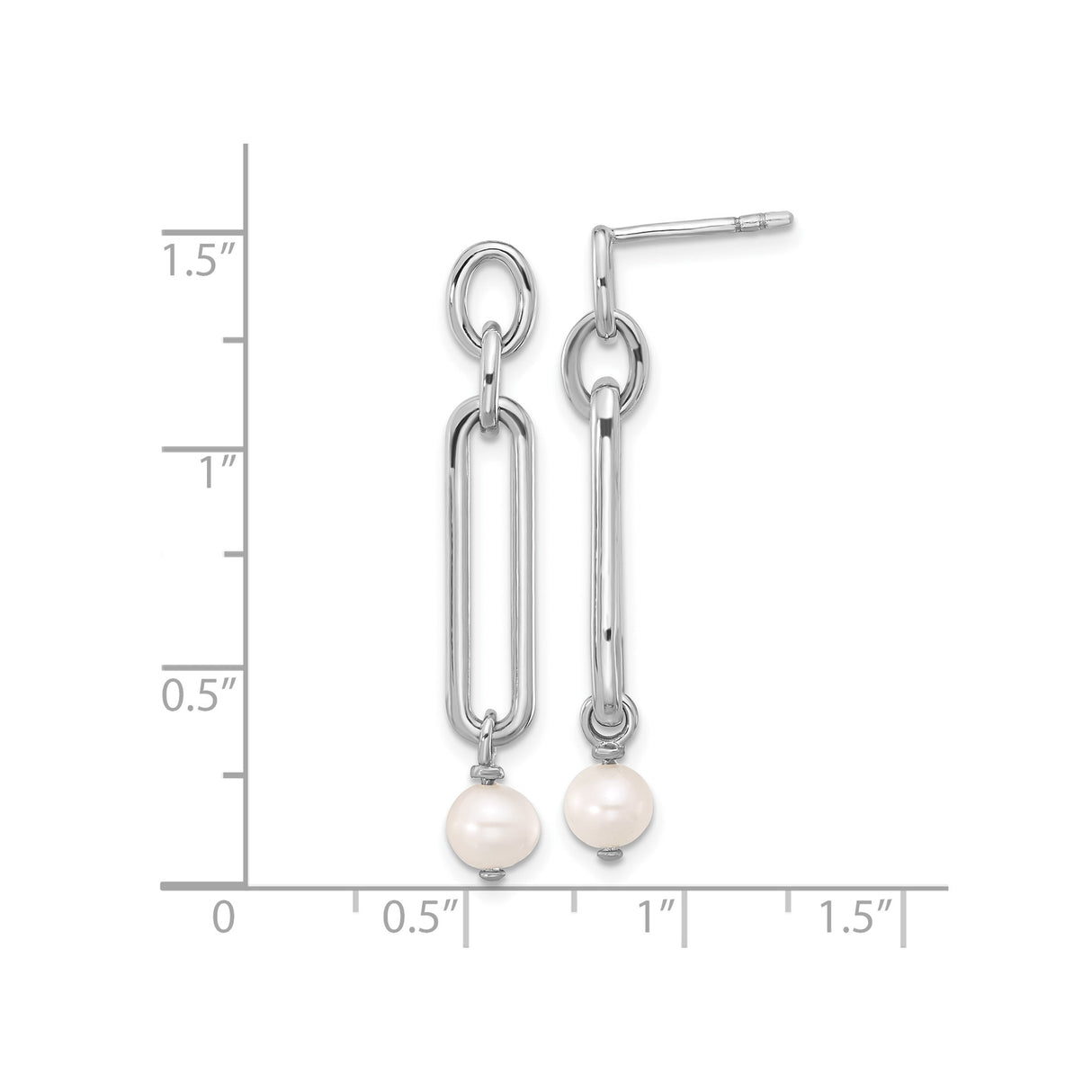Sterling Silver Dangle Earrings with Freshwater Pearls, Elongated Link Chain, Modern Geometric Design