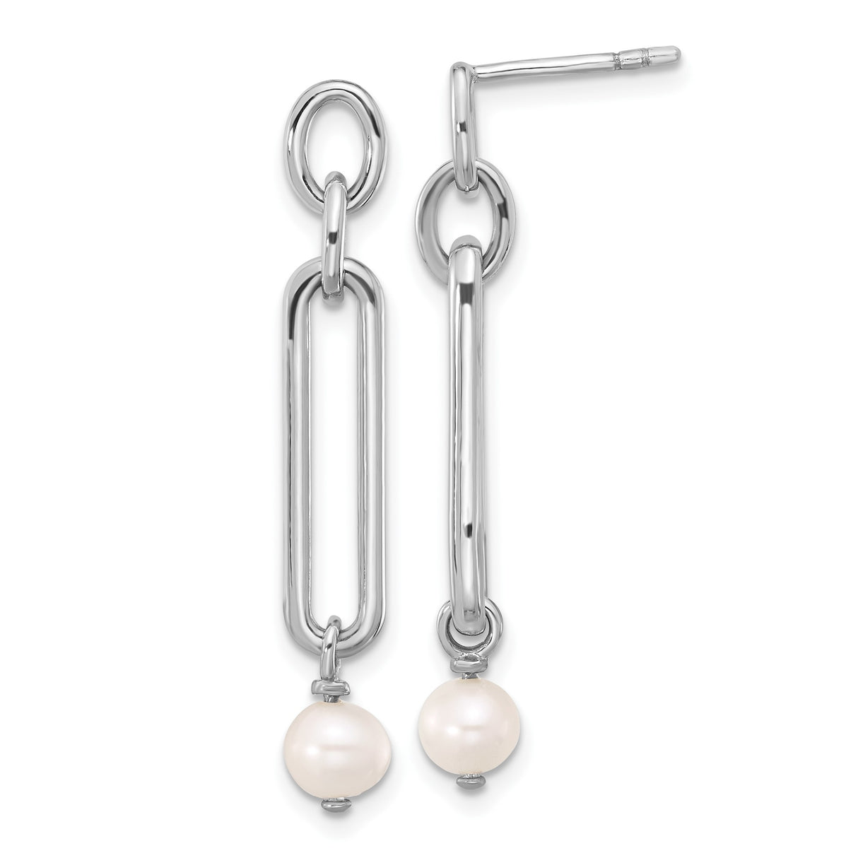Sterling Silver Dangle Earrings with Freshwater Pearls, Elongated Link Chain, Modern Geometric Design