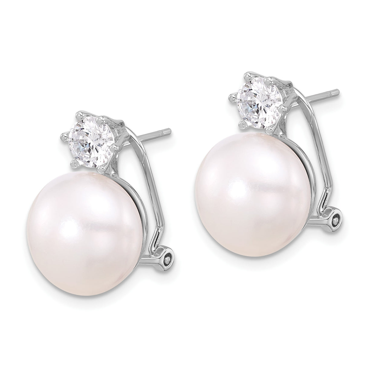 Sterling Silver Stud Earrings with White Cultured Pearls and Cubic Zirconia Accent
