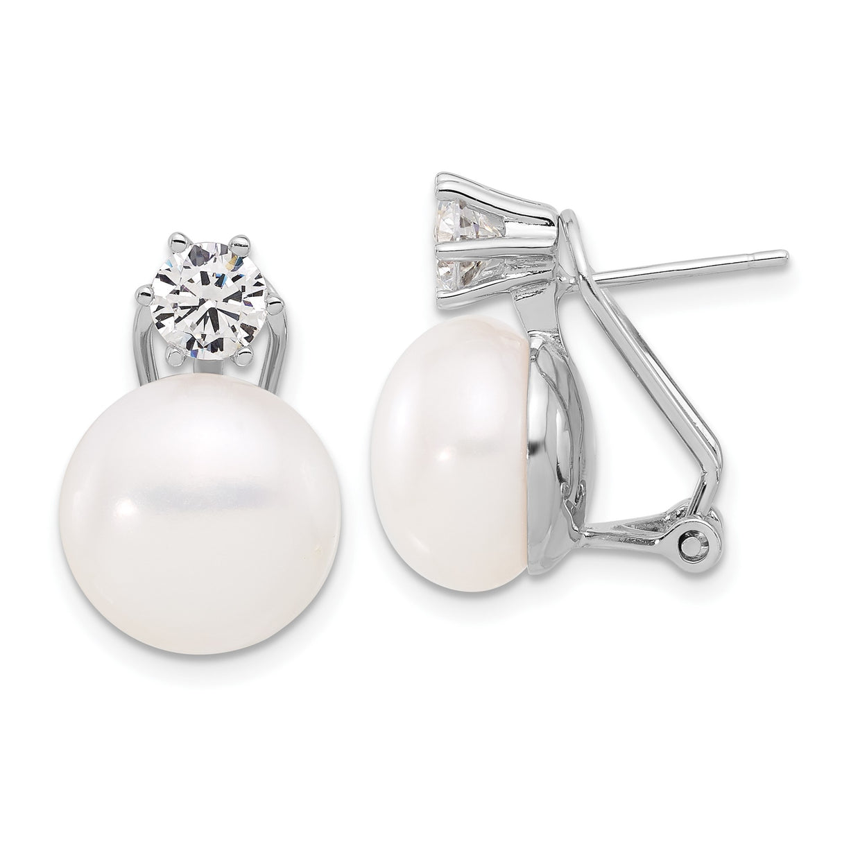 Sterling Silver Stud Earrings with White Cultured Pearls and Cubic Zirconia Accent