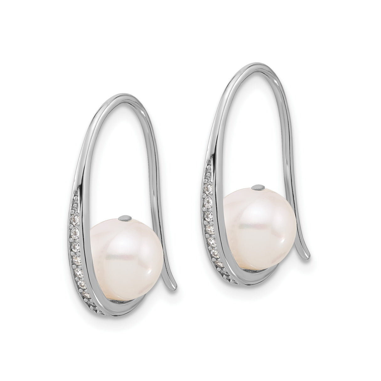 Sterling Silver Drop Earrings with White Freshwater Cultured Pearls and Cubic Zirconia Accents