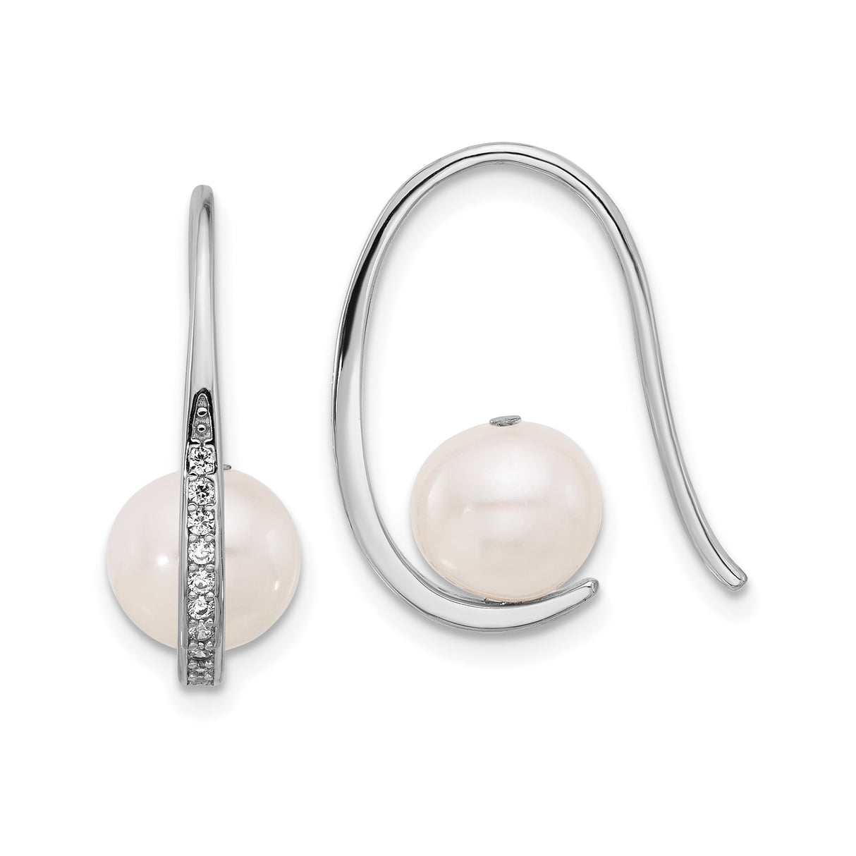 Sterling Silver Drop Earrings with White Freshwater Cultured Pearls and Cubic Zirconia Accents