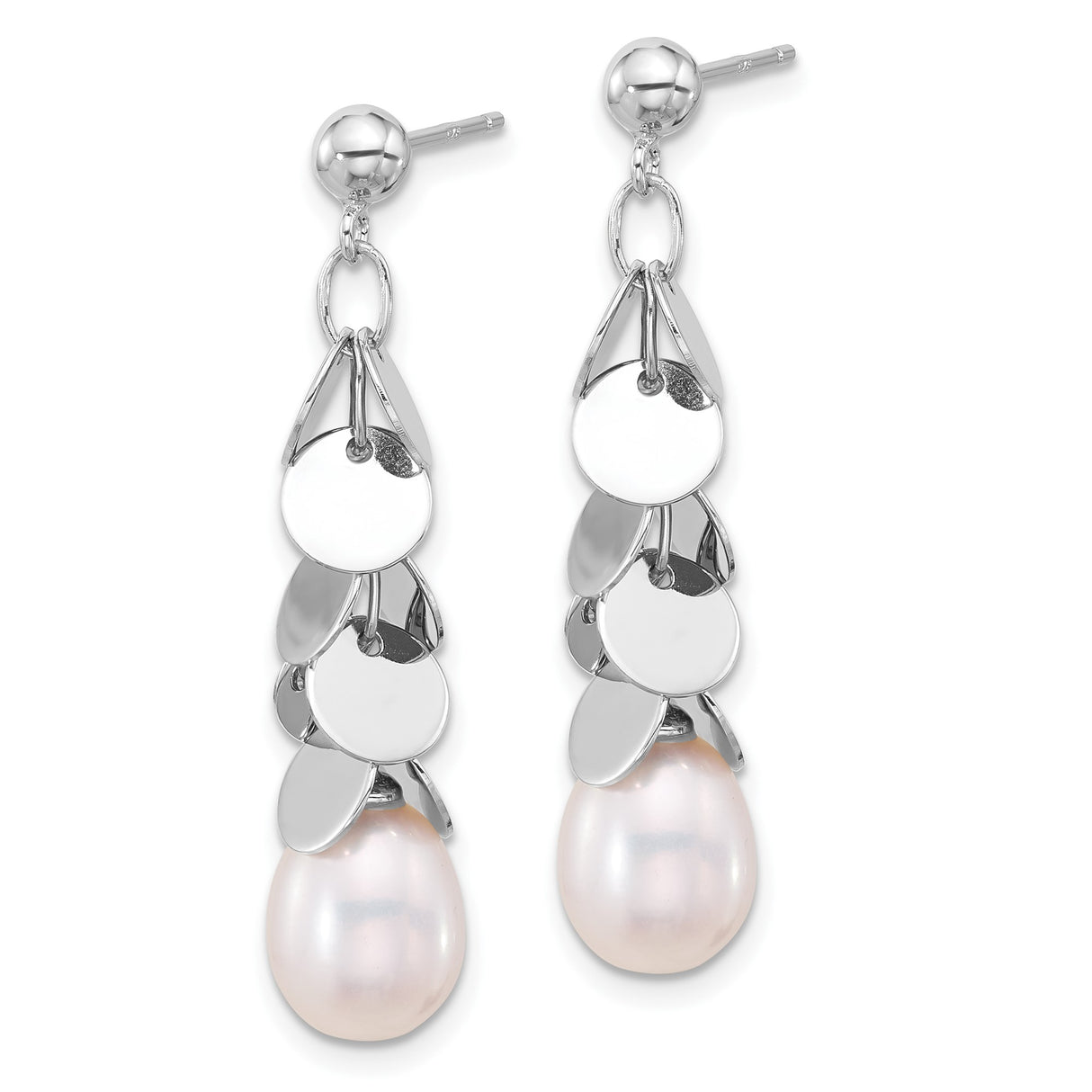 Sterling Silver Dangle Earrings with Freshwater White Pearl and Polished Disc Charms
