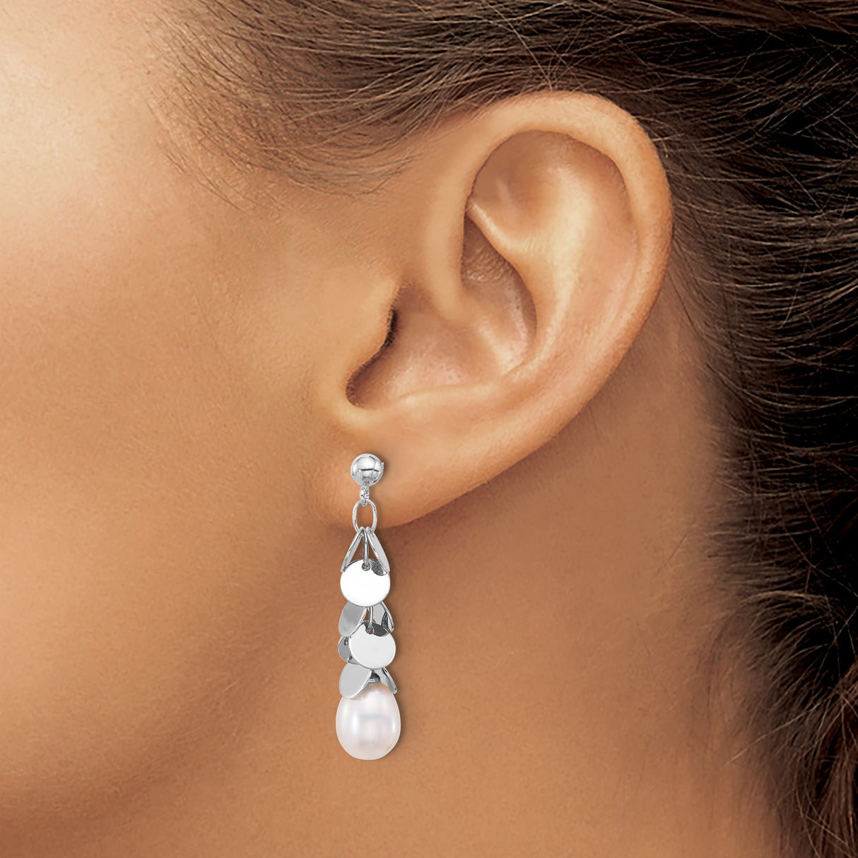 Sterling Silver Dangle Earrings with Freshwater White Pearl and Polished Disc Charms